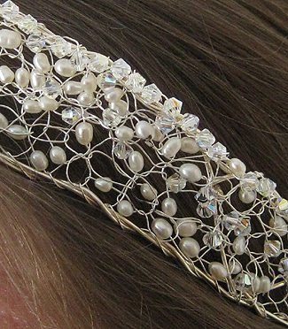 Headband of White Freshwater Pearls and Swarovski Crystals